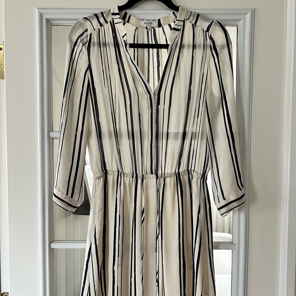 Aritzia Babaton Bennett Silk White and Blue Striped Shirt Dress